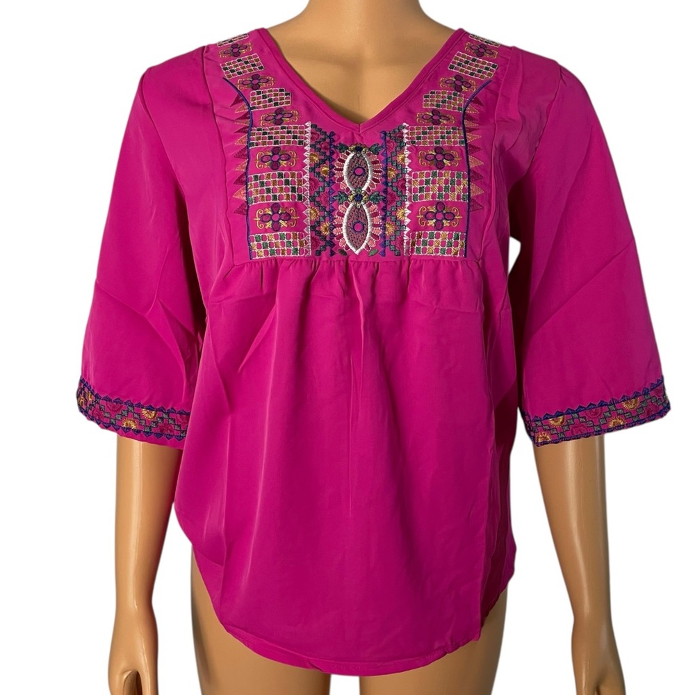 Boho Floral Embroidered Blouse for Women, Elbow-Length Sleeves,Fuchsia